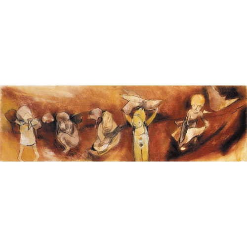 Monika Strugarek schilderij, De kleine vliegeniers, gemengde technieken, 88x38