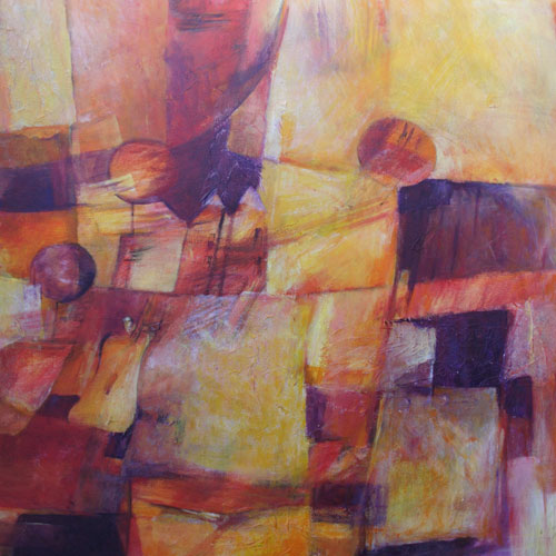 Monika Strugarek schilderij, Klanken in de ruimte, gemengde technieken, 70x70