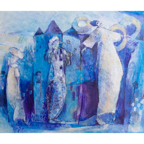 Monika Strugarek schilderij, Een optocht, gemengde technieken, 60x50