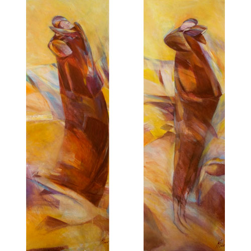 Monika Strugarek schilderij, Tweeluik: Licht om mij heen en kleuren in mij, acryl, 2* 30x90