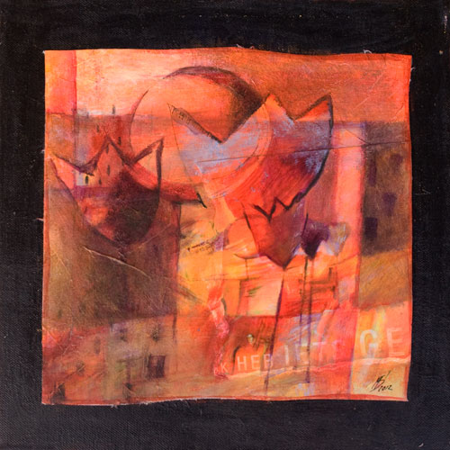 Monika Strugarek schilderij, De warme zon laat ons bloeien, gemengde technieken, 30x30