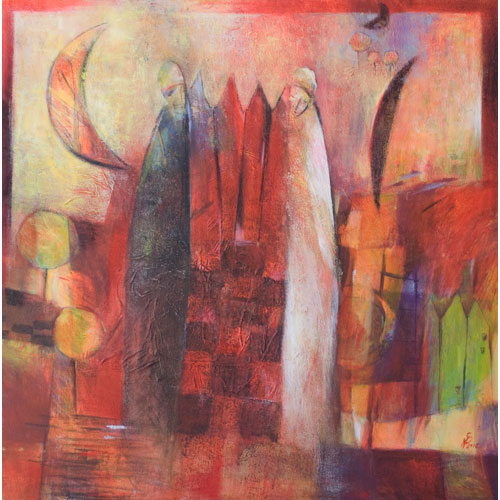 Monika Strugarek schilderij, Gesprekken bij de maan, gemengde technieken, 70x70