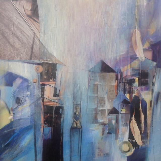Monika Strugarek schilderij, In de wolken , gemengde technieken, 70x70