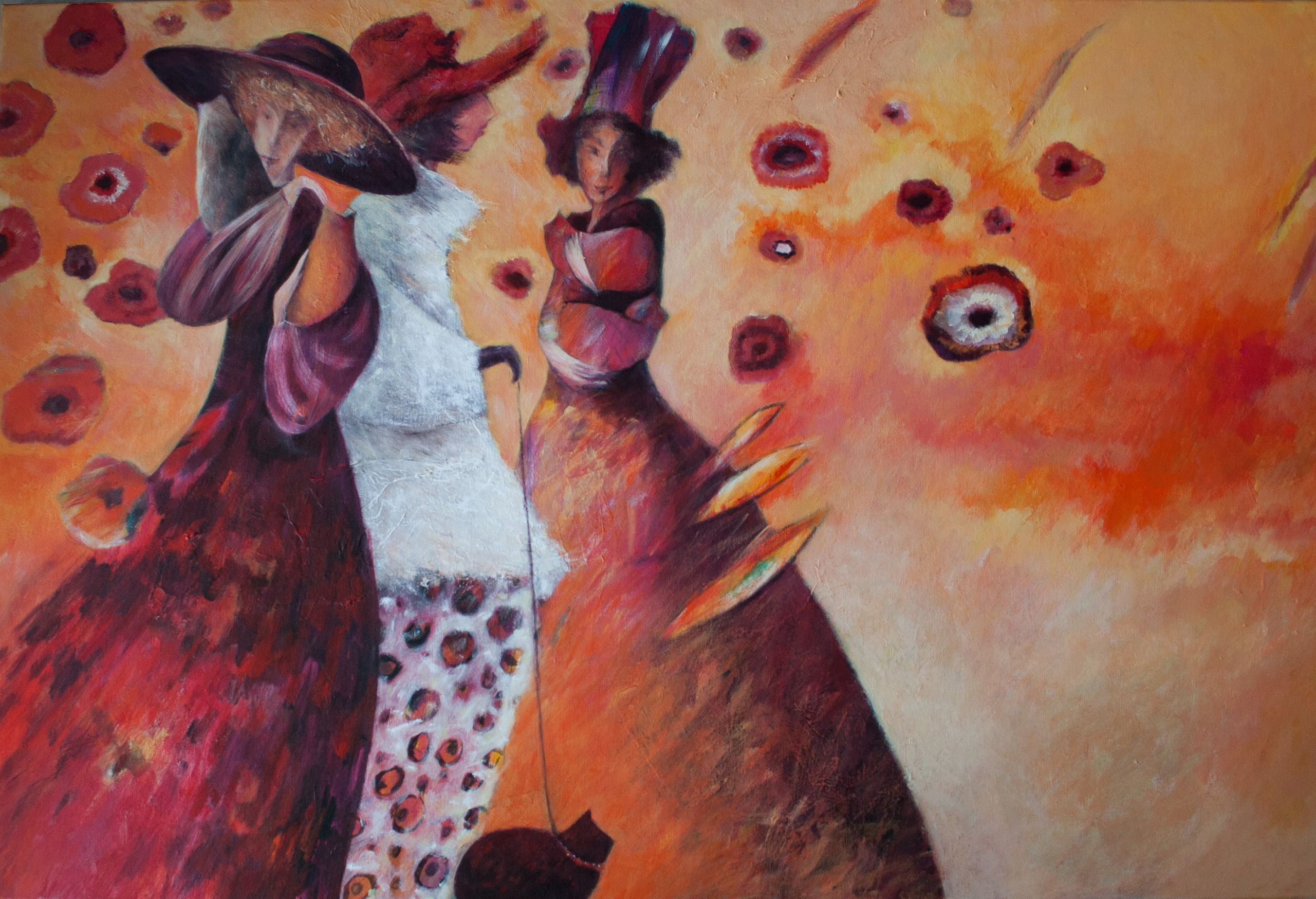 Monika Strugarek schilderij, De katten vrouwtjes, acryl, 120x80